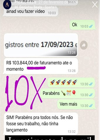 Print de WhatsApp comemorando R$103.844,00 de faturamento em um lançamento