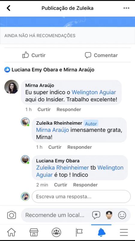 Comentários no Facebook indicando o trabalho de Welington Aguiar
