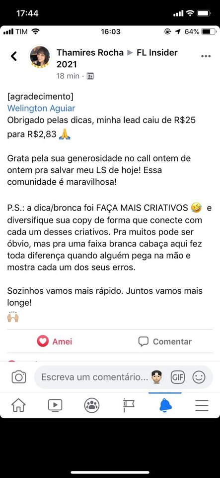 Depoimento de Thamires Rocha, FL Insider, agradecendo dicas que reduziram o custo por lead