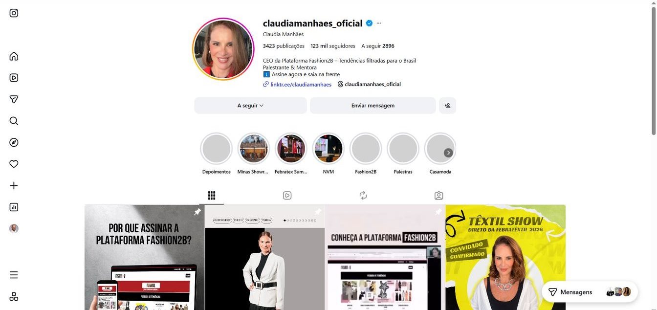Perfil da infoprodutora Claudia Manhães, Fashion2B